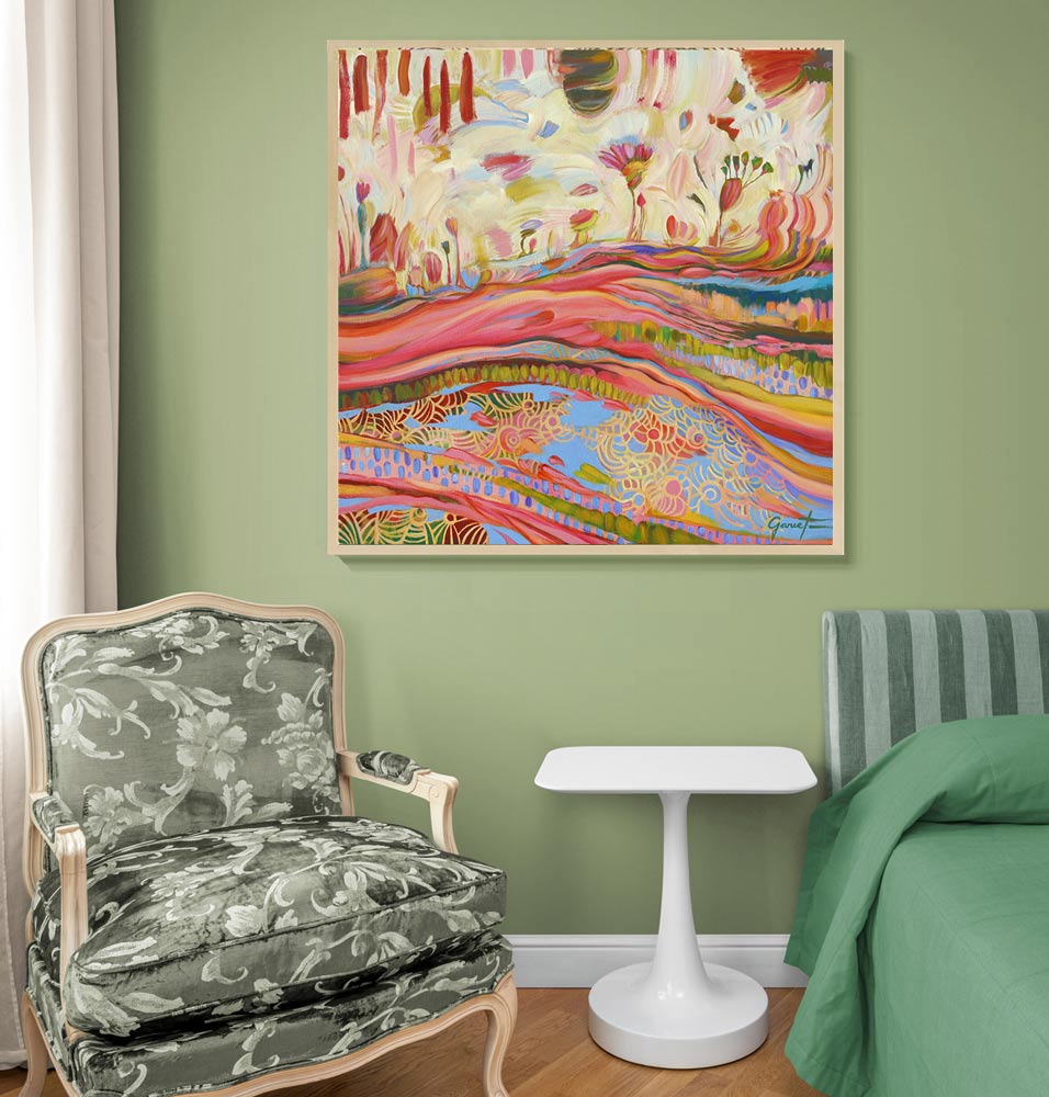 Peinture contemporaine intitulée "Le Coeur de la Terre", montrant des couches terrestres colorées parcourues d’énergies telluriques, évoquant un univers onirique, poétique et spirituel. Peinture d’artiste peintre français, exposée à Saint-Lizier près de Foix.