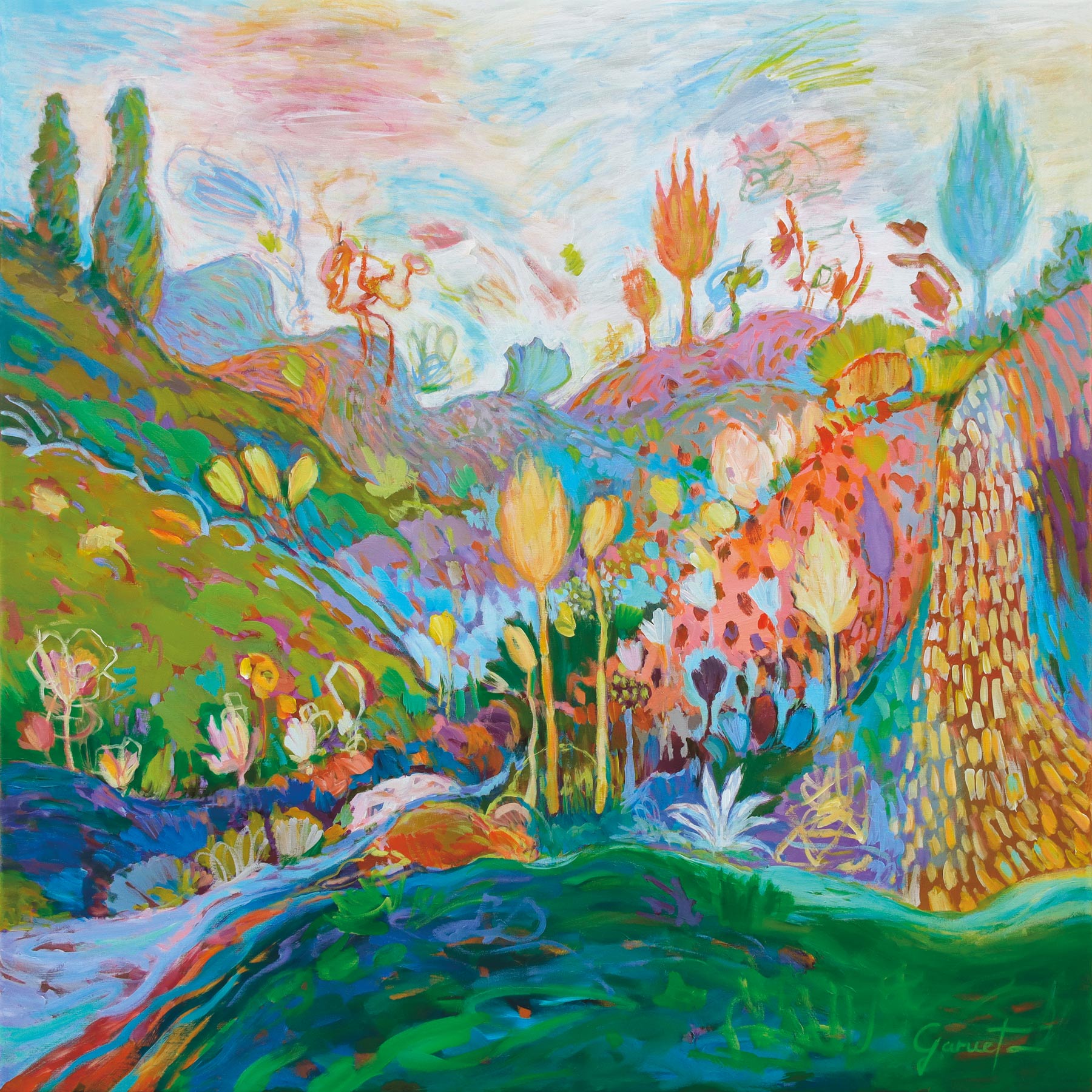 Peinture contemporaine onirique représentant un paysage imaginaire des Pyrénées avec vallons colorés et ruisseau, exposée à Saint-Lizier en Ariège.