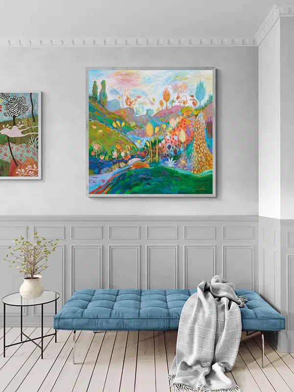 Tableau peinture paysage nature de Christine Garuet présenté In-situ dans une décoration intérieure contemporaine, galerie d’art près de Saint-Girons en Occitanie, France.