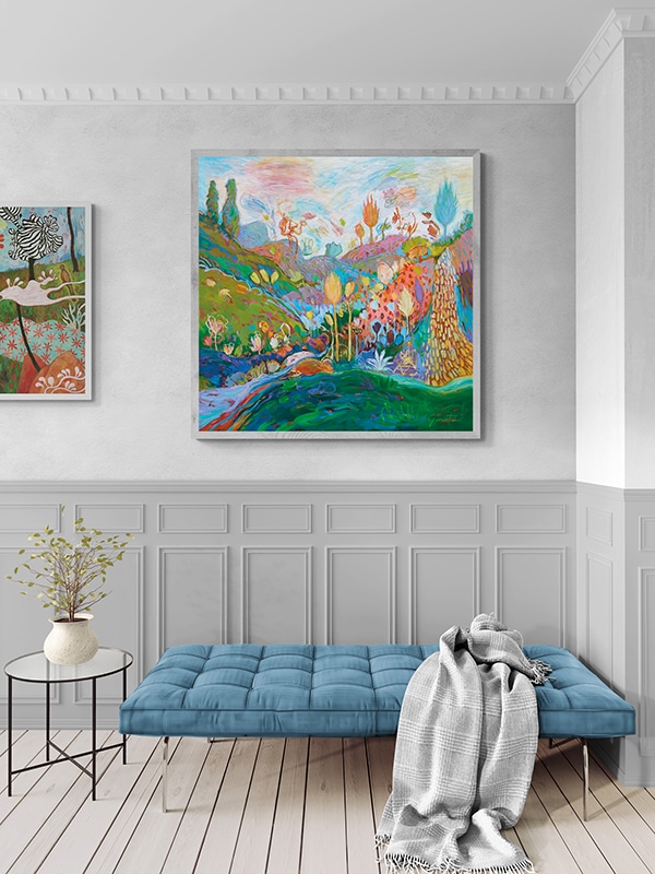 Tableau peinture paysage nature de Christine Garuet présenté In-situ dans une décoration intérieure contemporaine, galerie d’art près de Saint-Girons en Occitanie, France.