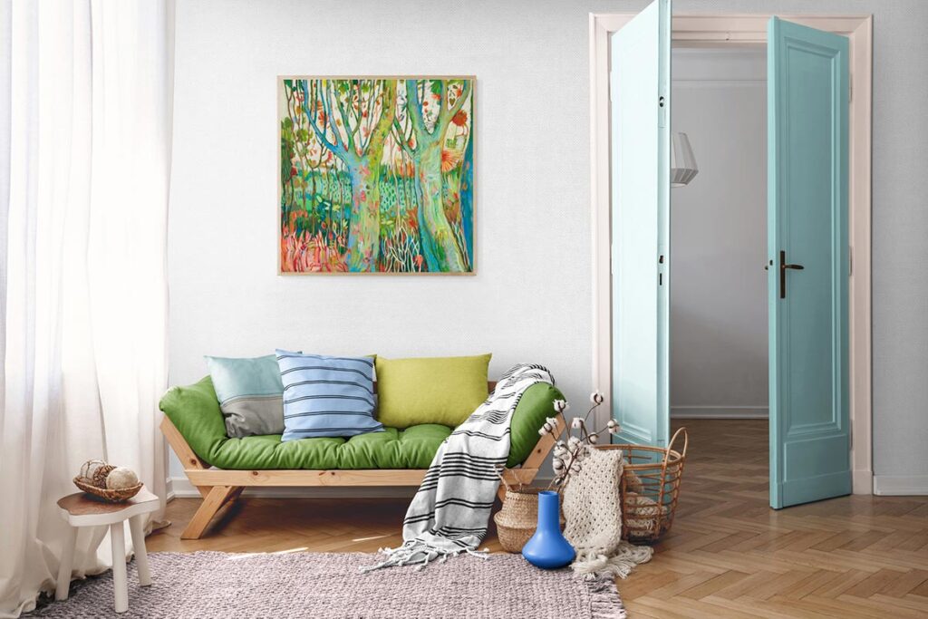 Tableau d'artiste plasticienne en Occitanie, représentant une clairière aux couleurs harmonieuses, invitant à contemplation et à la connexion avec la nature.