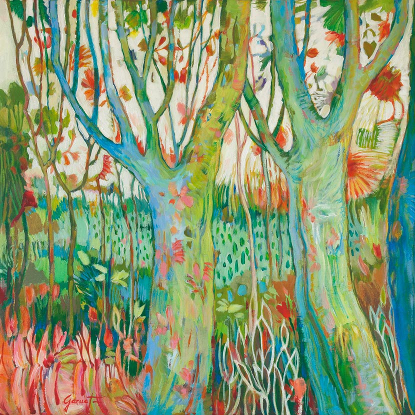 Forêt imaginaire inspirée de la nature des Pyrénées en Ariège ou en Pyrénées-Atlantiques, où réside cet artiste peintre contemporain