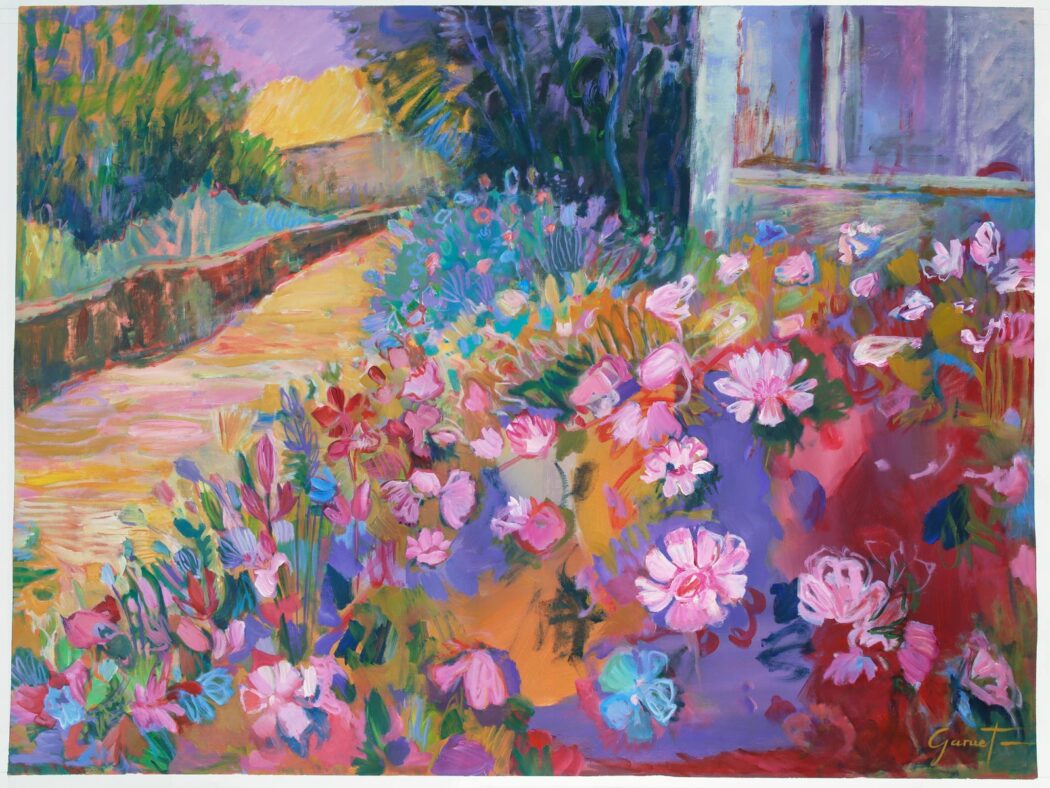 Tableau grand format représentant un paysage floral éclatant, dans un style de peinture impressionniste, avec des fleurs aux couleurs vives, inspiré par un jardin à Saint-Lizier en Ariège.