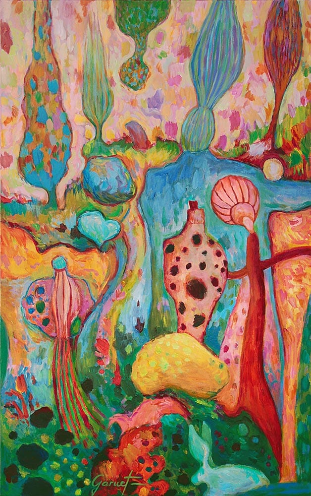 Onirisme et symbolisme, peinture d'art actuel montrant un paysage avec des amphores et des créatures fantastiques, évoquant la nature sauvage et mystique des Pyrénées.