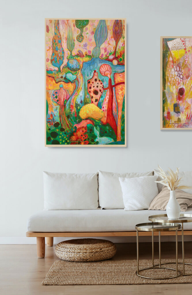 Les Jardins Secrets, peinture contemporaine française de l'artiste auteur Christine Garuet, œuvre originale mêlant univers onirique, inspiration nature et symbolique forte.