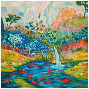 Affiche Le Lagon, reproduction de tableau de l'artiste peintre Christine Garuet, paysage imaginaire aux couleurs turquoise et lumineuses, tirage d’art en édition limitée.