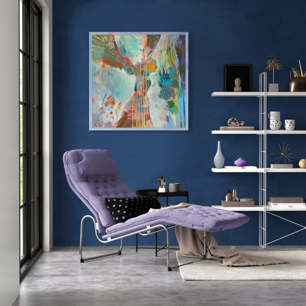 Peinture imaginaire et aérée, exposée à la Galerie Garuet en Occitanie, cette œuvre onirique est idéale pour un salon zen ou une décoration intérieure contemporaine.
