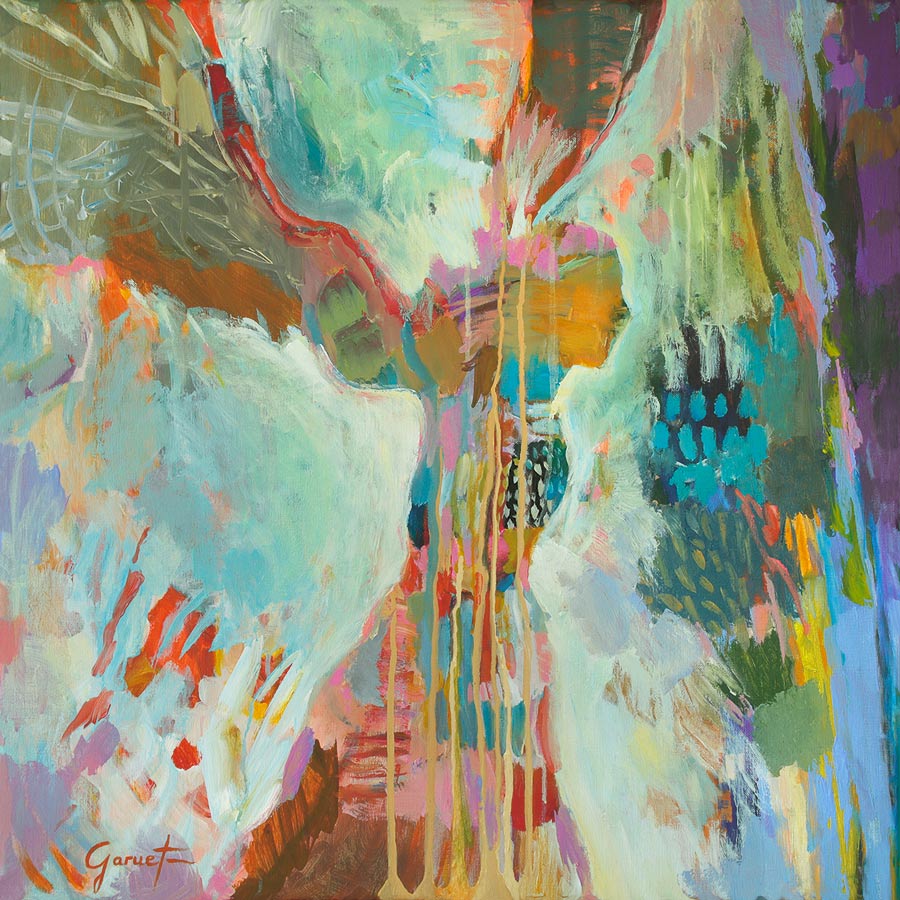 Peinture onirique, œuvre d'art vibratoire de Christine Garuet à St-Lizier, représentant un ange en plein élan, ailes déployées, fond lumineux et abstrait.