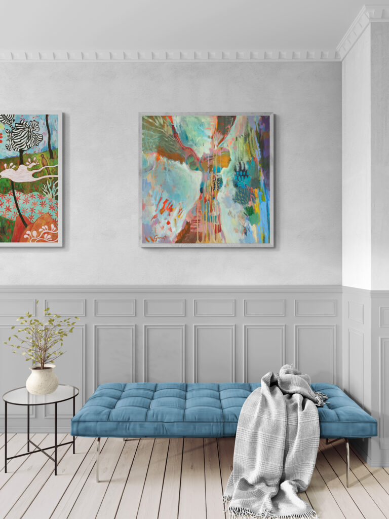 La mission, tableau vibratoire évoquant un ange gardien dans sa mission de vie, véritable inspiration spirituelle pour un espace épuré et lumineux.