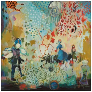 Affiche d’artiste Les Mondes Parallèles, silhouettes flottantes entre abstraction et figuration, univers mystique et onirique suggérant le voyage dans le temps.