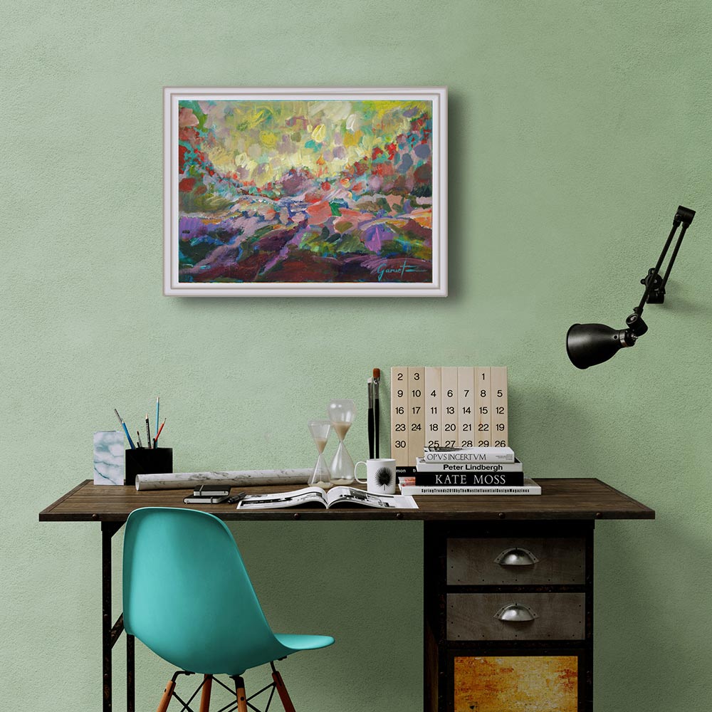 Tableau inspiré à l’artiste par les Pyrénées en Ariège et dans les Pyrénées-Atlantiques, représentant un paysage montagneux vibrant aux couleurs intenses annonçant l’imminence de l’orage.