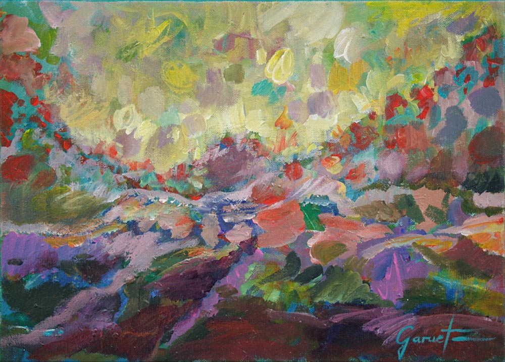 Nos montagnes avant l’orage, peinture onirique de Christine Garuet inspirée des Pyrénées. Œuvre exposée en galerie d’art à Saint lizier, célébrant la nature et les paysages de Lescun en vallée d’Aspe.