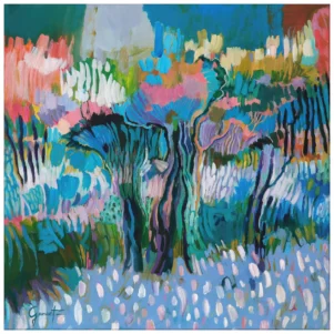 Affiche Les Parfums, reproduction d’art contemporain de Christine Garuet, paysage méditerranéen onirique aux couleurs vibrantes, tirage haut de gamme en édition limitée.