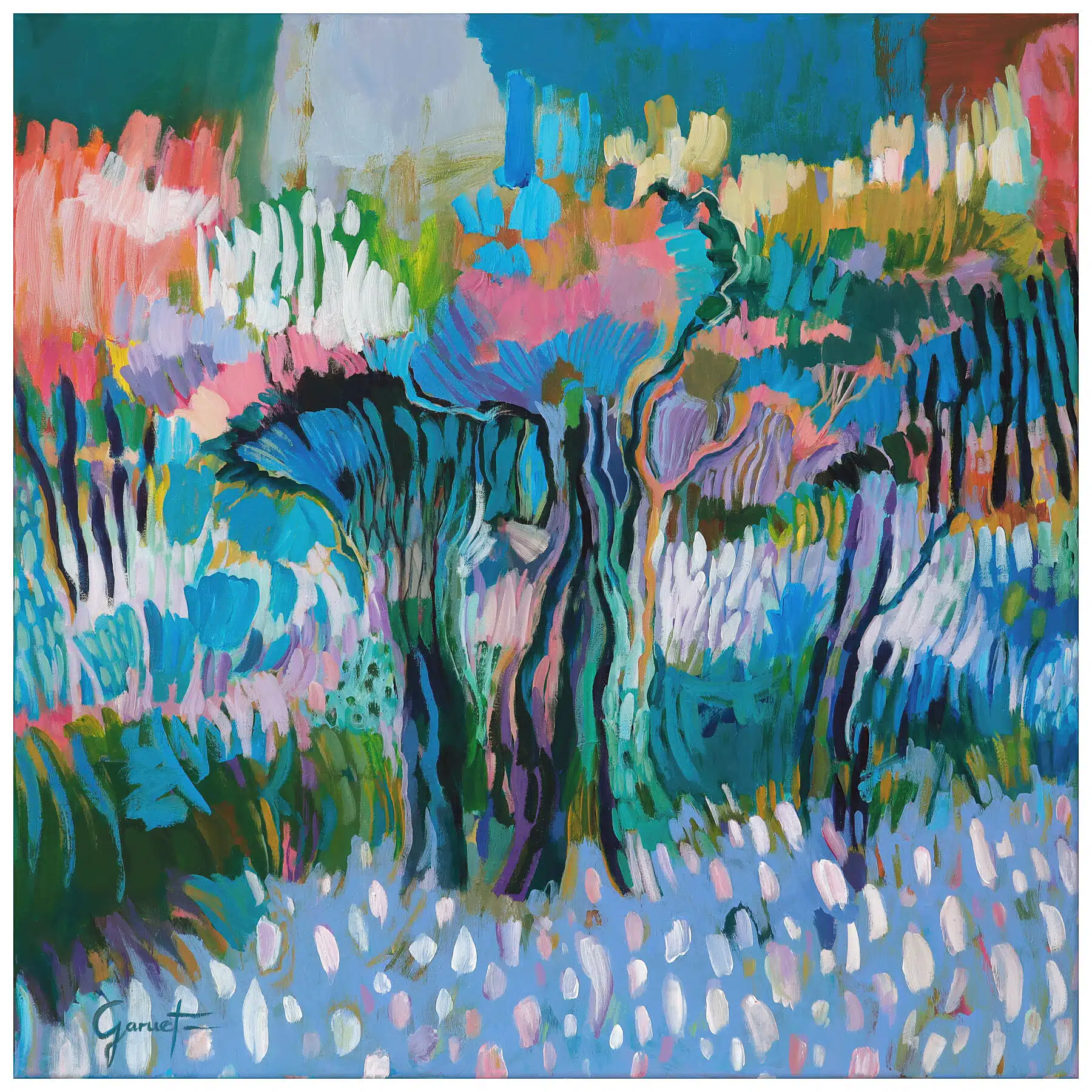 Affiche Les Parfums, reproduction d’art contemporain de Christine Garuet, paysage méditerranéen onirique aux couleurs vibrantes, tirage haut de gamme en édition limitée.