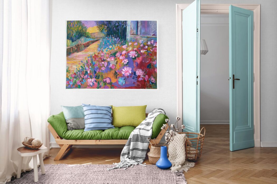 Peinture impressionniste contemporaine, aux couleurs chaudes et au style très libre et spontané, intitulé « une pause à l’ombre des fleurs », idéale dans un grand salon moderne ou un espace d’art contemporain