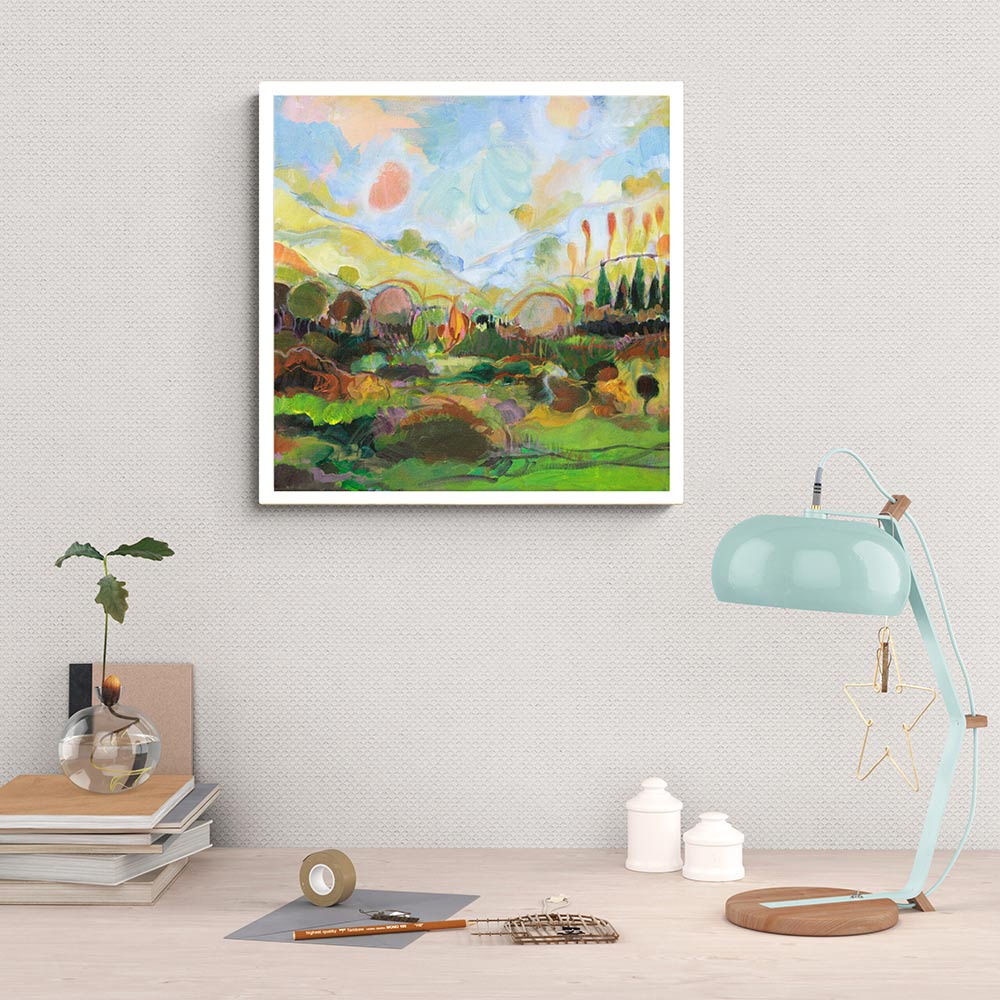Peinture imaginaire de Christine Garuet, paysage onirique vallonné, inspiré des Pyrénées et de la lumière corse.