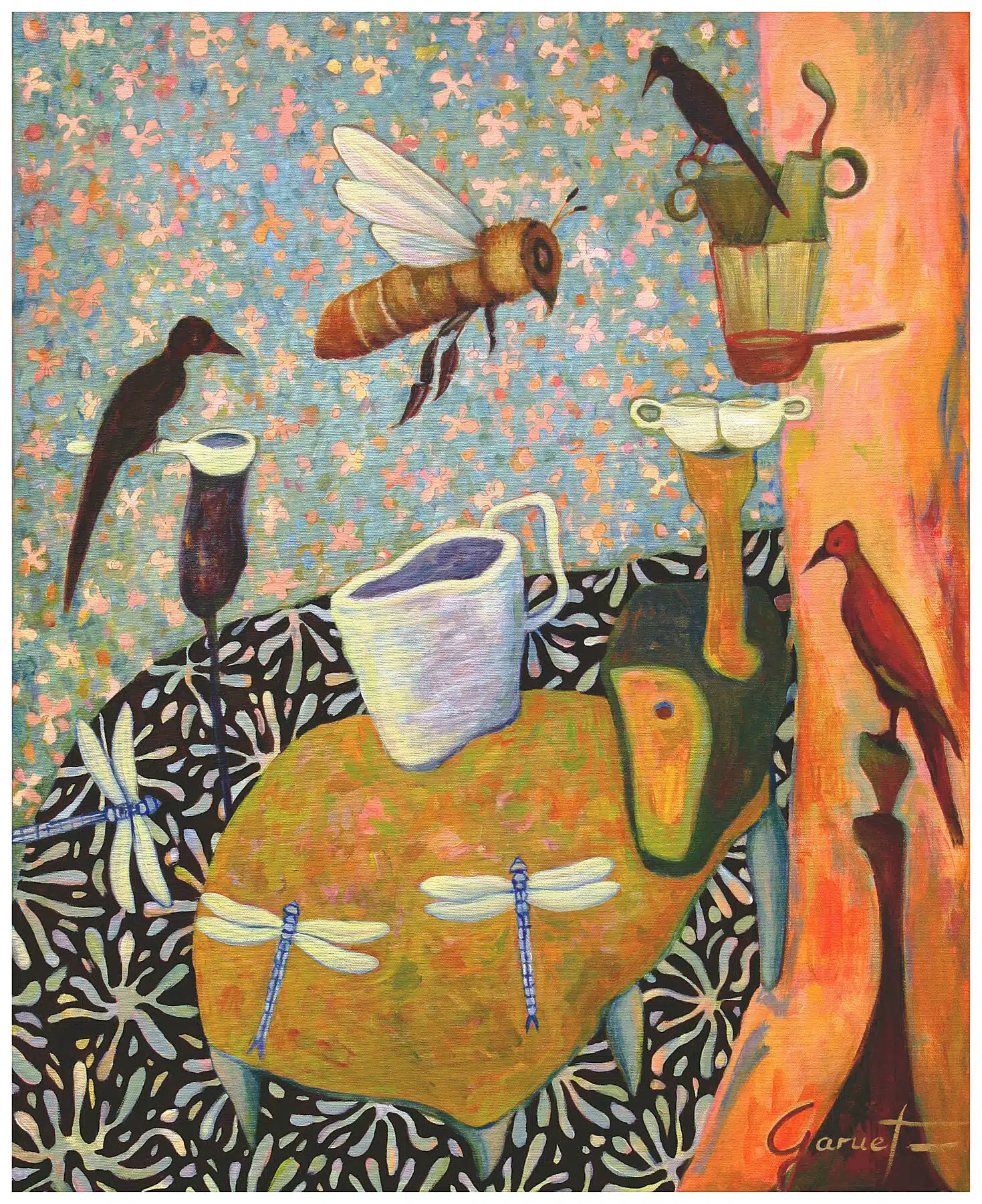 Affiche d’artiste Petit déjeuner dans ma cuisine, tirage d’art en édition limitée, scène onirique colorée avec oiseaux, abeille et libellules.
