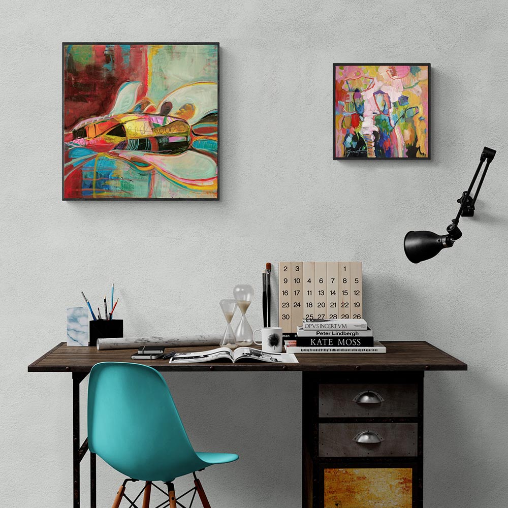 Peinture poétique mêlant abstraction et figuration libre, avec un motif central fluide et onirique, apportant légèreté et créativité à un salon, bureau ou atelier d’artiste contemporain.